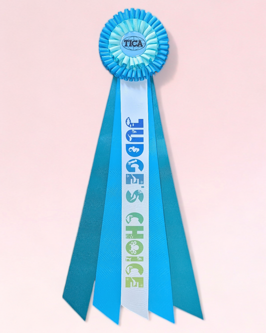 Bespoke Custom Rosette with Five Streamers and Double Pleated Head; Center Streamer is printed in full color